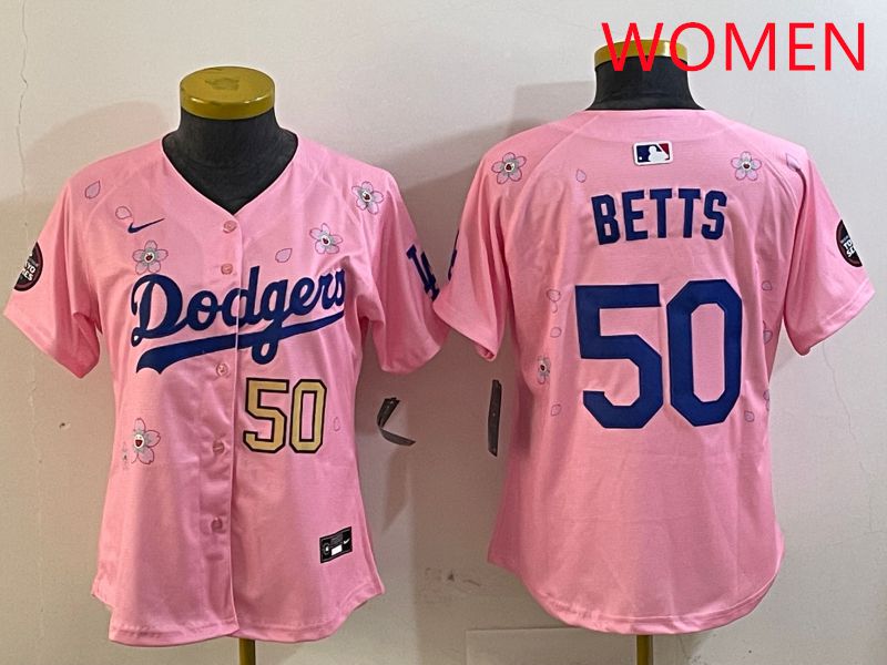 Women Los Angeles Dodgers 50 Betts Pink Sakura Edition 2025 Nike MLB Jersey style 3